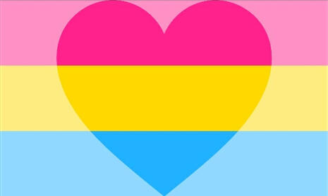 A flag that has 3 horizontal stripes in pastel pink, light yellow, and baby blue. In the middle, overlaying the stripes, is a heart in hot pink, yellow, and sky blue.
