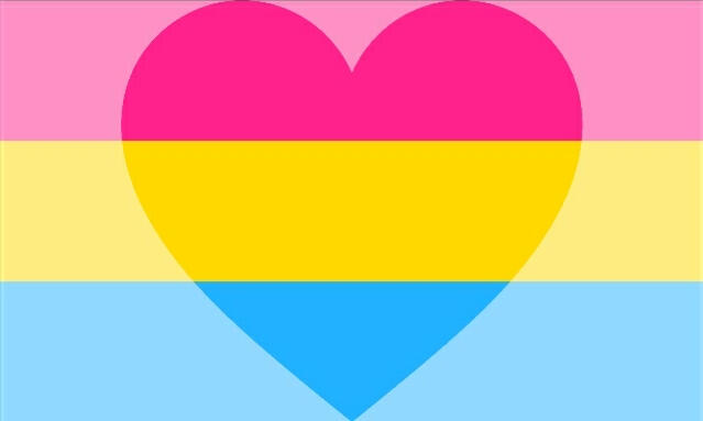 A flag that has 3 horizontal stripes in pastel pink, light yellow, and baby blue. In the middle, overlaying the stripes, is a heart in hot pink, yellow, and sky blue.