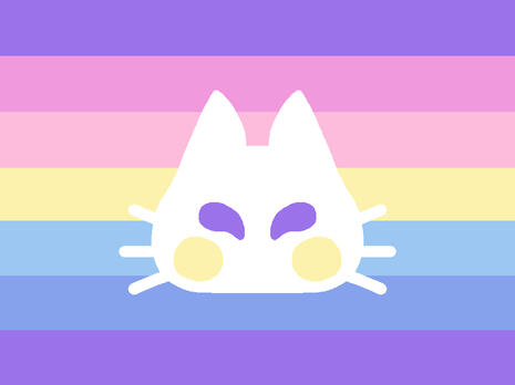 A flag with 7 horizontal stripes in purple, pink, pastel pink, light yellow, baby blue, light blue, and purple. In the center is a stylized cat head, with white fur, light yellow cheek marks shaped like circles, and closed eyes in purple.