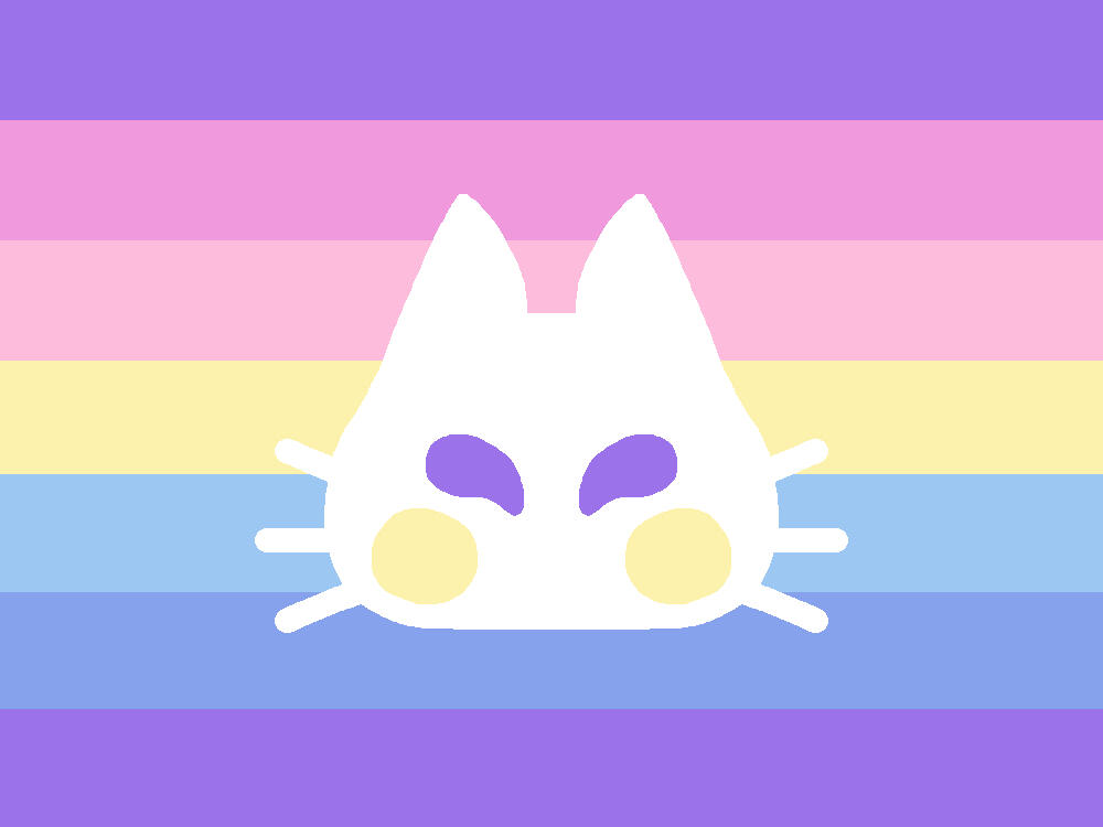 A flag with 7 horizontal stripes in purple, pink, pastel pink, light yellow, baby blue, light blue, and purple. In the center is a stylized cat head, with white fur, light yellow cheek marks shaped like circles, and closed eyes in purple.