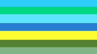 A flag with 7 horizontal stripes in blue, green, light blue, deep blue, yellow, dark dull green, and light dull green.