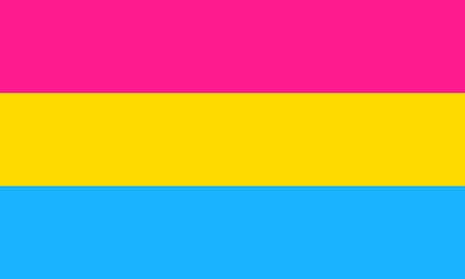 A flag that has 3 horizontal stripes in hot pink, yellow, and sky blue.