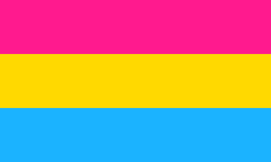 A flag that has 3 horizontal stripes in hot pink, yellow, and sky blue.
