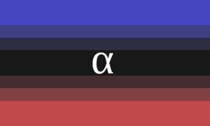 A flag with 3 horizontal stripes at the top/bottom/middle, and 2 thin stripes above/below the middle. The colors of these stripes are as follows- blue, dark blue, navy blue, black, dark red, crimson, and red. The Greek letter Alpha is in the center.