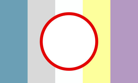 A flag that has 5 vertical stripes in dull blue, light grey, white, delight yellow, and dusty purple. There is a white circle with a red outline in the center, which overlaps the three stripes in the middle.