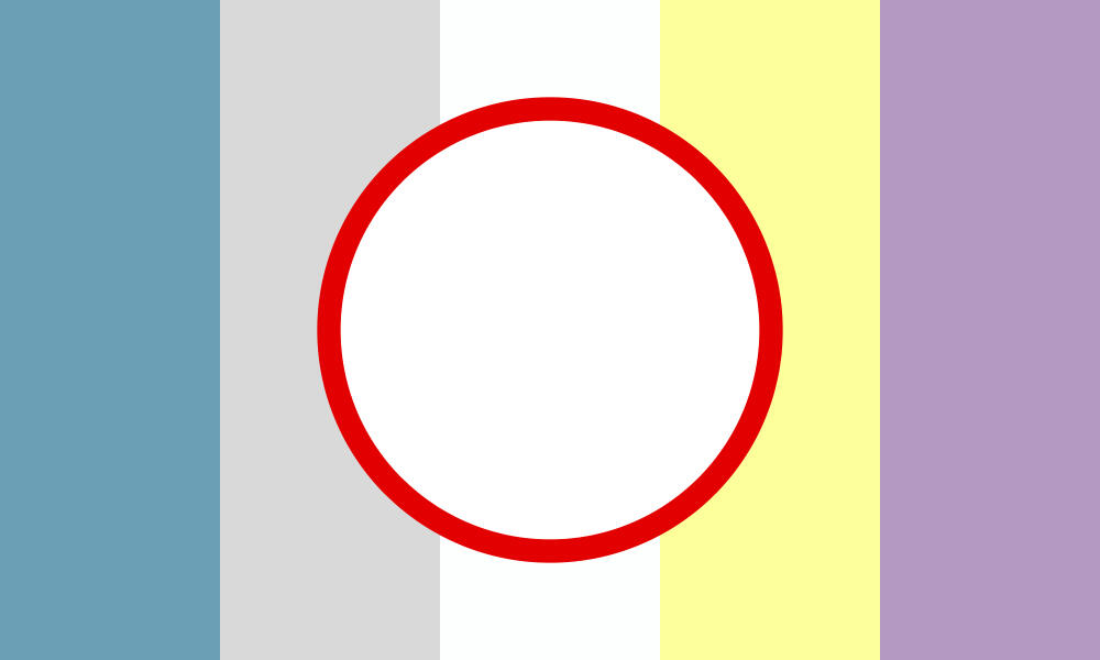 A flag that has 5 vertical stripes in dull blue, light grey, white, delight yellow, and dusty purple. There is a white circle with a red outline in the center, which overlaps the three stripes in the middle.
