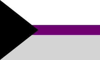 A flag with 2 horizontal stripes at the top/bottom and a thinner center stripe in white, purple, and light grey. There is a black triangle that covers the edge of the left side, which points towards the middle.